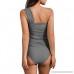 VICCKI Women Swimsuit Two Piece Ruched Tankini One Shoulder Keyhole Low Waist Bottoms Gray B07PC1BDV3